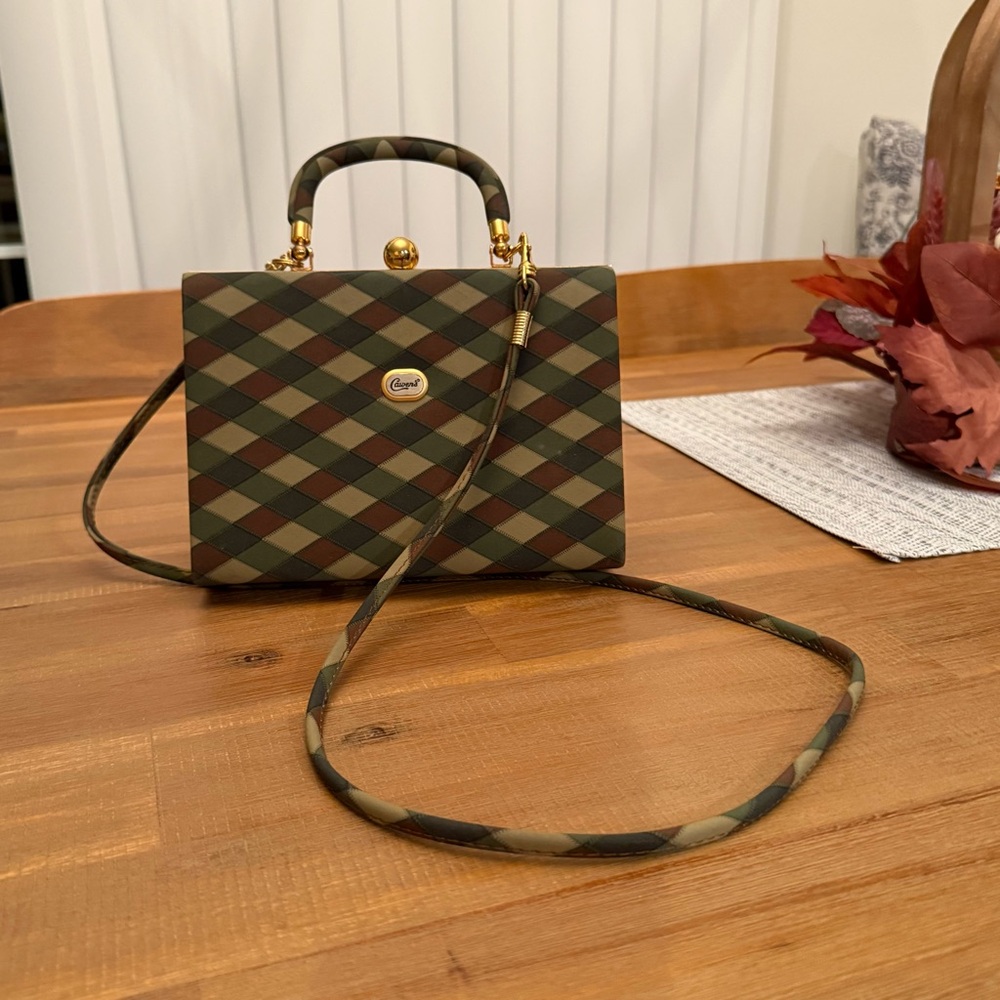 Cawen's Tan, Brown & Hunter Vintage Look Gold Handle Bag Like New - Picture 3 of 11